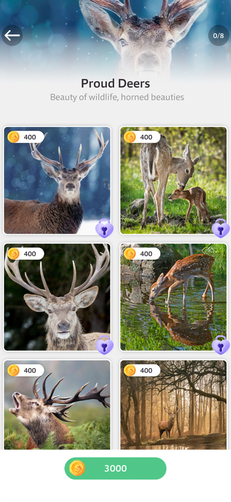 Une galerie de puzzles de cerfs de la faune dans l'application mobile Jigsaw Puzzles Amazing Art