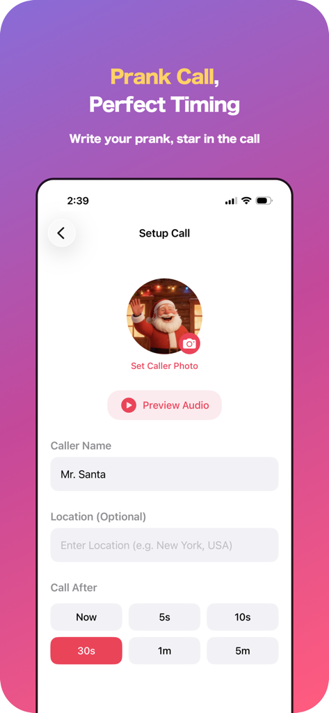 LittyTone:Ringtone & AI Voice - Interface for setting up a scheduled prank call with custom caller photo name and timer