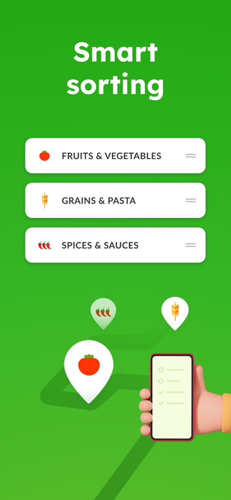 Grocery list items organized by store aisles using the Smart Sorting feature.