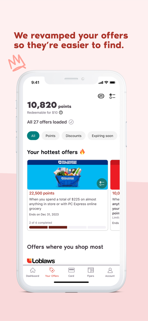 PC Optimum app screen displaying personalized grocery offers and a points balance of 10,820 points for shopping rewards.