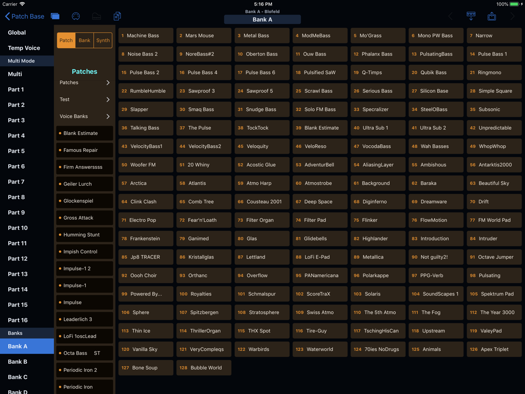 Patch Base app interface on iPad showing a sound patch bank for the Waldorf Blofeld synthesizer.