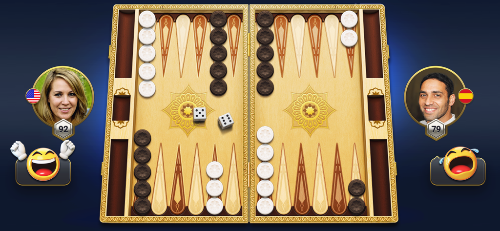 Backgammon Live™ Board Game - An online Backgammon match between two players featuring a classic board and social emojis.