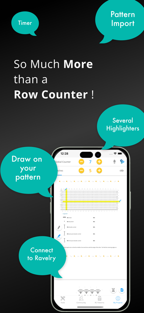 My Row Counter, Knit & Crochet - A smartphone screen showing the My Row Counter app with features like pattern import, highlighters, and Ravelry integration.