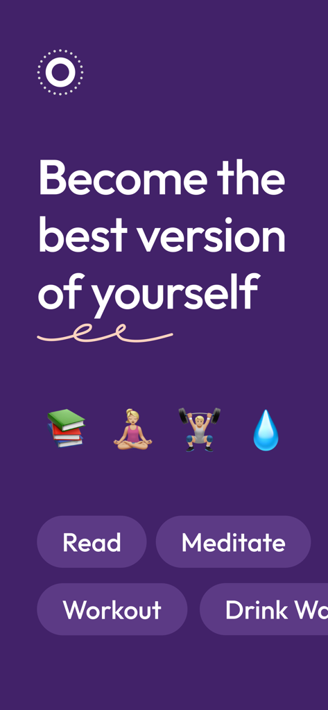 Onrise app splash screen featuring the text Become the best version of yourself with habit icons for reading meditating and working out on a purple background