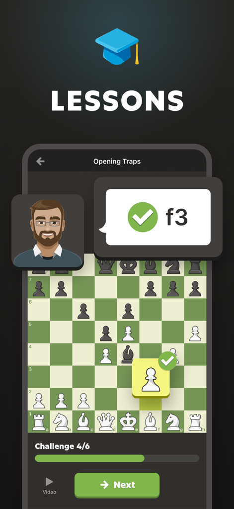 Interface of the Chess.com app showing an interactive chess lesson on opening traps with a coach avatar