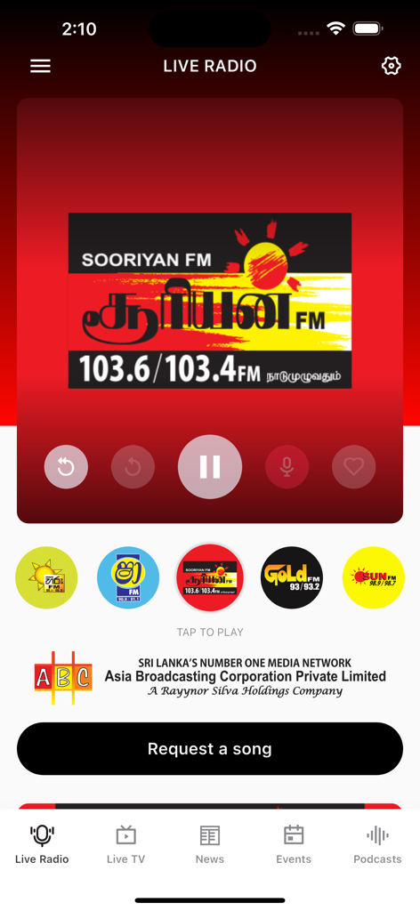 Live radio player interface of ShaaFM Mobile app showing Sooriyan FM station