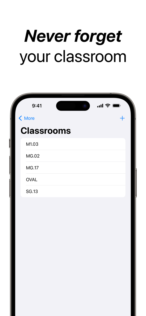 Schooly App-Bildschirm mit Klassenliste auf einem iPhone, der Raumnummern anzeigt