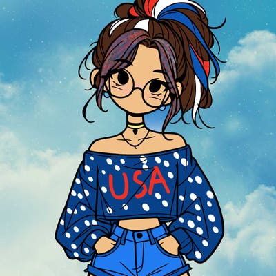 girl with a messy ponytail glasses a baggy crop top and jean shorts