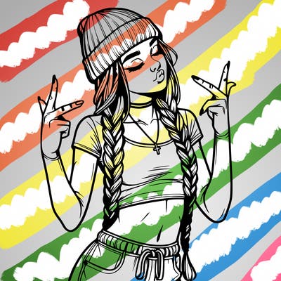 realistic teenage girl with braids and a beanie and crop top doing 🫶🏼