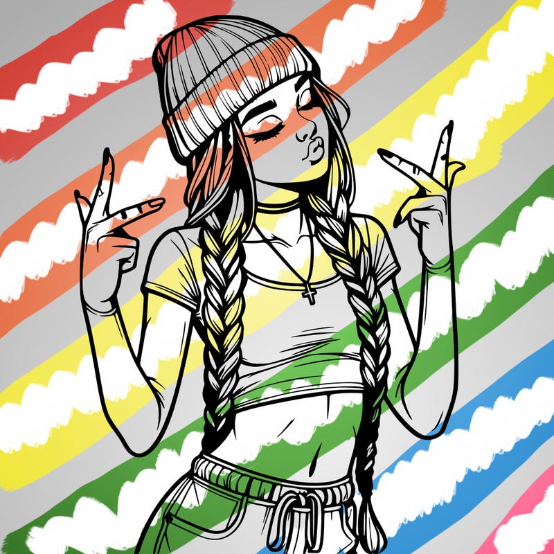realistic teenage girl with braids and a beanie and crop top doing 🫶🏼