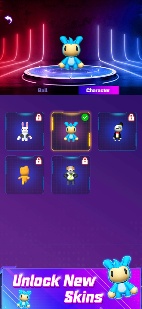 Character selection menu showing unlockable skins and avatars in a neon cyber aesthetic