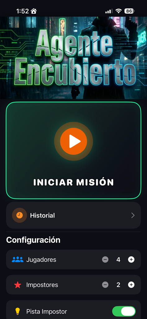 Undercover Agent - Impostor - Main menu of the Undercover Agent party game showing the start mission button and configuration settings for players and impostors.
