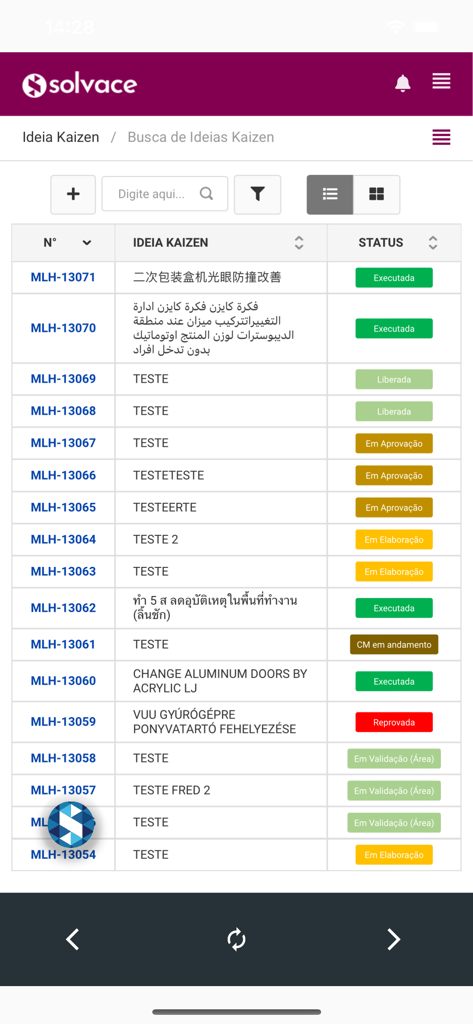 Solvace - Solvace mobile app interface showing a list of Kaizen continuous improvement ideas with status tracking