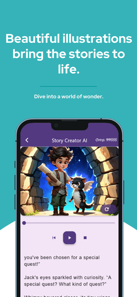 Storybook AI: Bedtime stories - Interface of the Storybook AI app displaying a colorful illustration of a boy and a winged cat along with story text.
