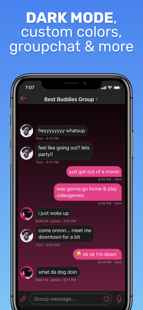 Text Me app interface showing a group chat in dark mode with custom pink and grey message bubbles