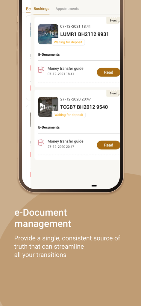 Interfaz de la aplicación Masterise Homes que muestra los estados de reserva de propiedades y la gestión de documentos electrónicos para transacciones inmobiliarias