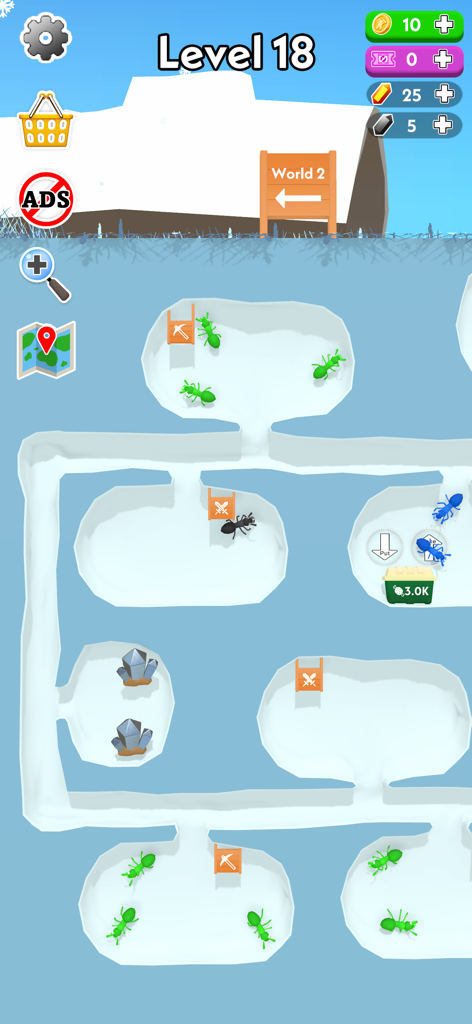 Empire of Ants - Idle Game - An underground view of an ant colony with tunnels and various chambers where ants are working and gathering resources in Empire of Ants - Idle Game.