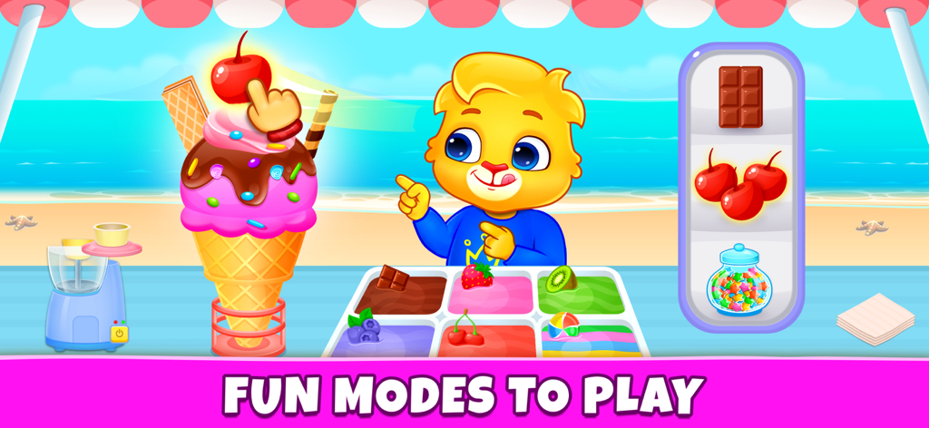 Educational ice cream shop game for toddlers with colorful cartoon characters and toppings