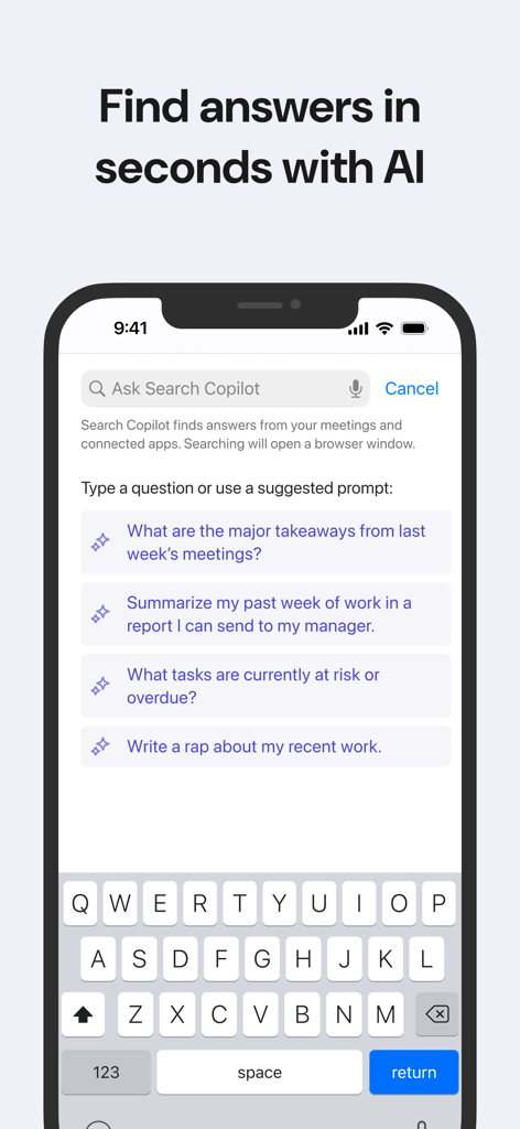 Tela do aplicativo Read AI mostrando o recurso Search Copilot com prompts sugeridos para resumos de reunião e tarefas.