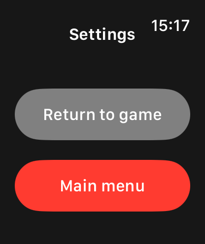 Mini Chess for Watch - Settings menu of Mini Chess for Watch showing buttons to return to game or main menu on an Apple Watch screen