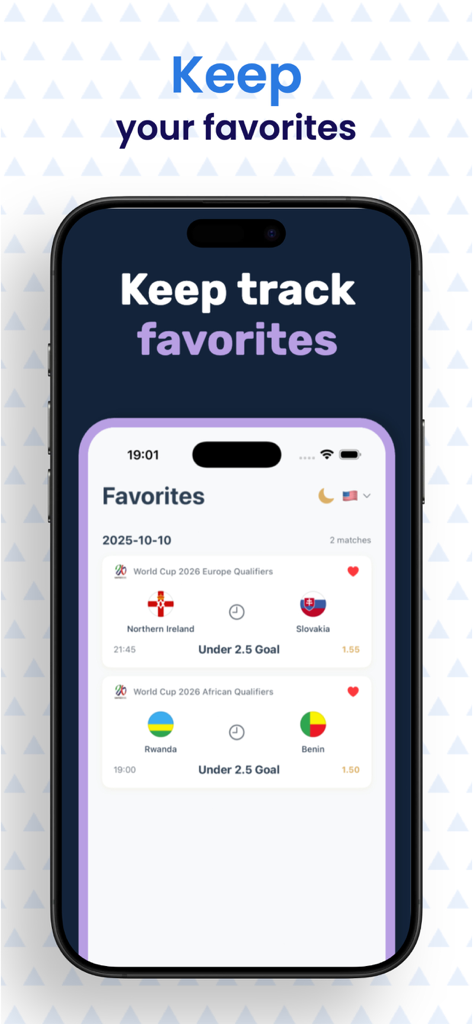 Gaingate Prediction & Analysis - Smartphone screen showing the favorites section of the Gaingate app with tracked sports predictions