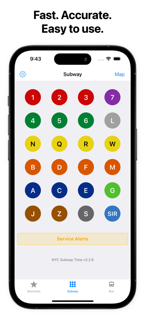 Subway Time NYC - Interface of Subway Time NYC app displaying colorful icons for different New York City subway lines
