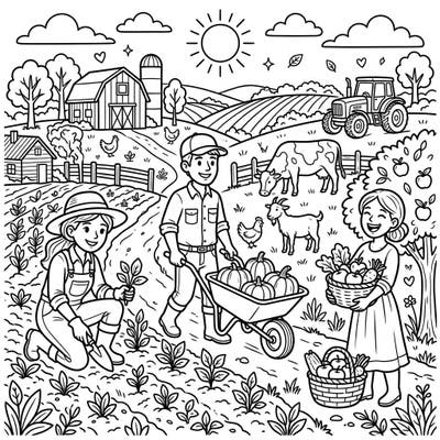 Immerse your child in the delightful world of agriculture with this charming farm coloring page. It features friendly farmers, various farm animals, and a rich harvest, perfect for young artists to bring to life.