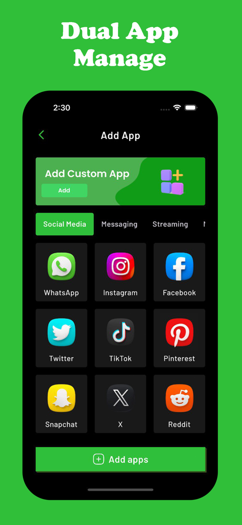 Dual App ~ Multiple Accounts - Interface of Dual App showing social media icons for multiple account management