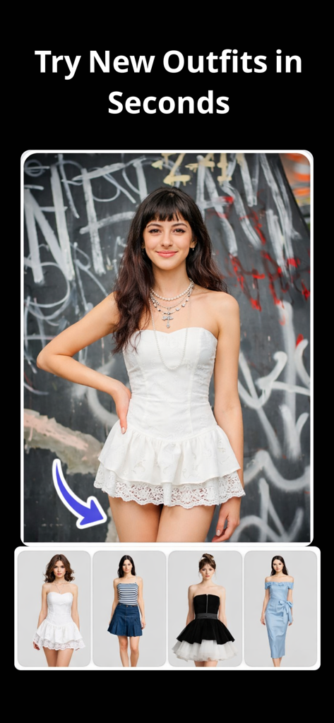 AI Clothes Changer - Modeva - Una mujer probándose un vestido blanco usando la función de prueba virtual con IA