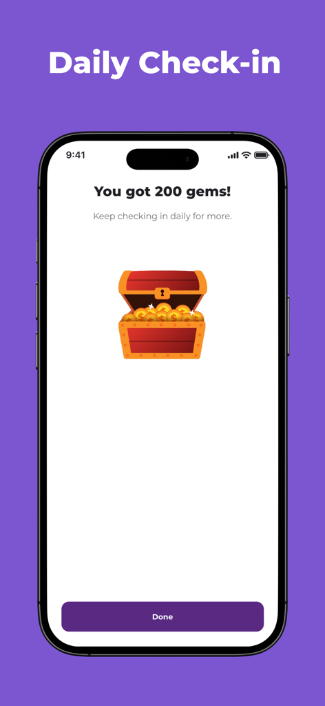 Playstorm - Playstorm app daily check-in screen rewarding two hundred gems with a treasure chest icon.
