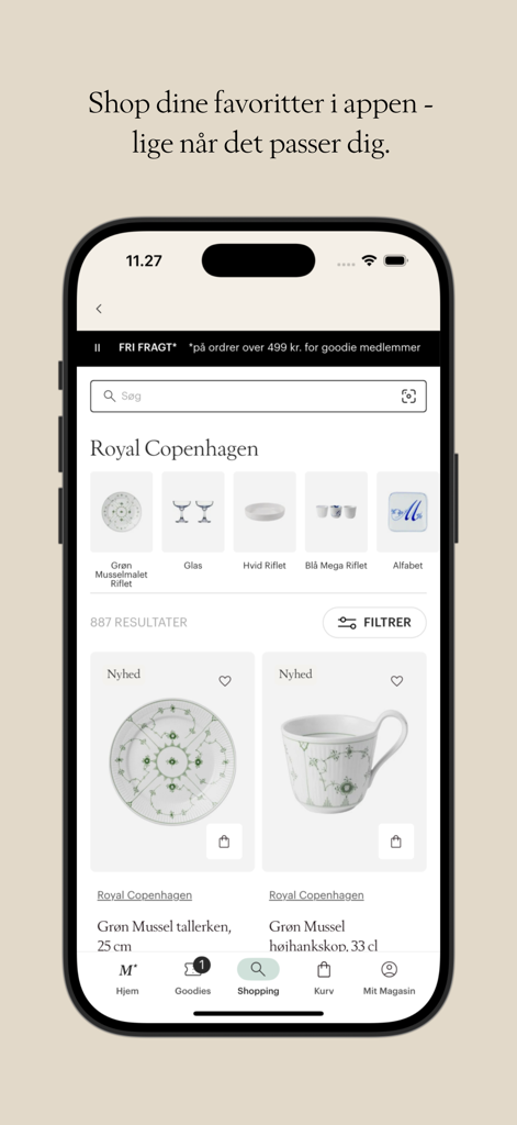 Mobile screen of the Magasin Goodie app featuring Royal Copenhagen porcelain items in a curated shopping feed.
