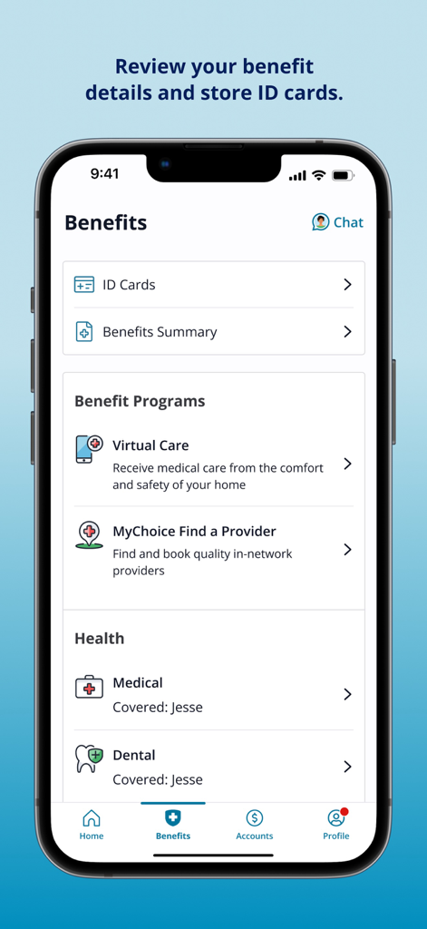 MyChoice Benefits mobile app interface showing health plan details and digital insurance ID cards