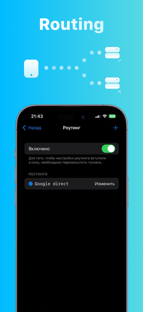 Écran de configuration de routage de l'application v2RayTun montrant la gestion du trafic