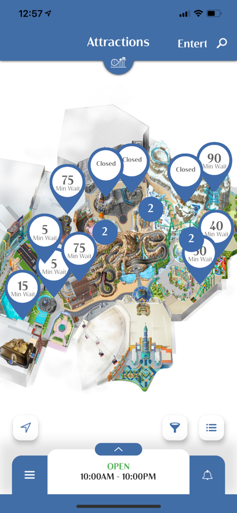 Genting SkyWorlds - Interactive digital map of Genting SkyWorlds theme park displaying real-time wait times and status for various attractions