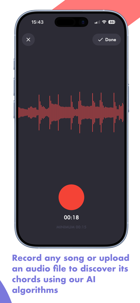 Horucco: Chord Progressions - Interface of Horucco app showing a red waveform during a song recording to detect chord progressions using AI.