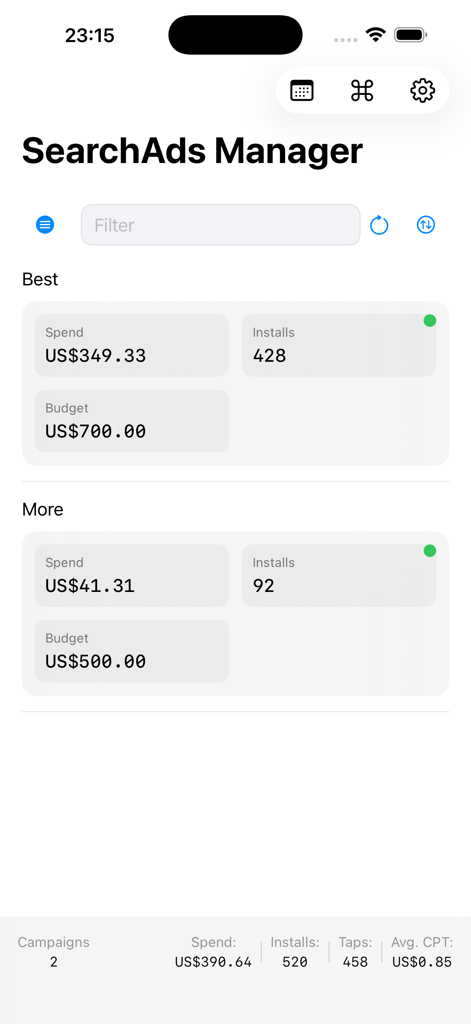 Suchanzeigen-Manager-Mobile-Dashboard, das Kampagnenausgaben und Installationsleistungsmetriken anzeigt