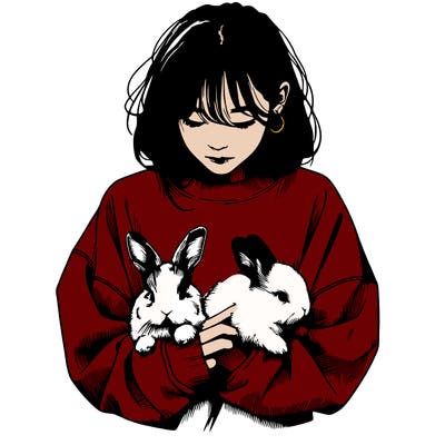 realistic girl with messy bunny baggy sweatshirt and holding bunnies