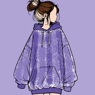 realistic girl with a oversized sweatshirt on and a bun