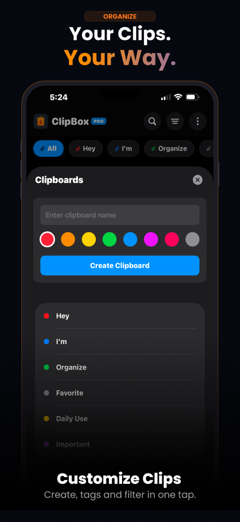 ClipBox – Copy & Paste Manager - Interfaz de la aplicación ClipBox para crear y organizar carpetas personalizadas del portapapeles con etiquetas codificadas por colores.