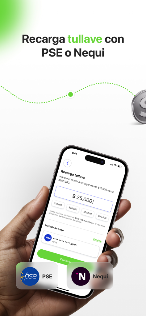 iPhone上のmaasアプリのインターフェース。PSEまたはNequiを使用したtullave交通カードのデジタルチャージを示しています。