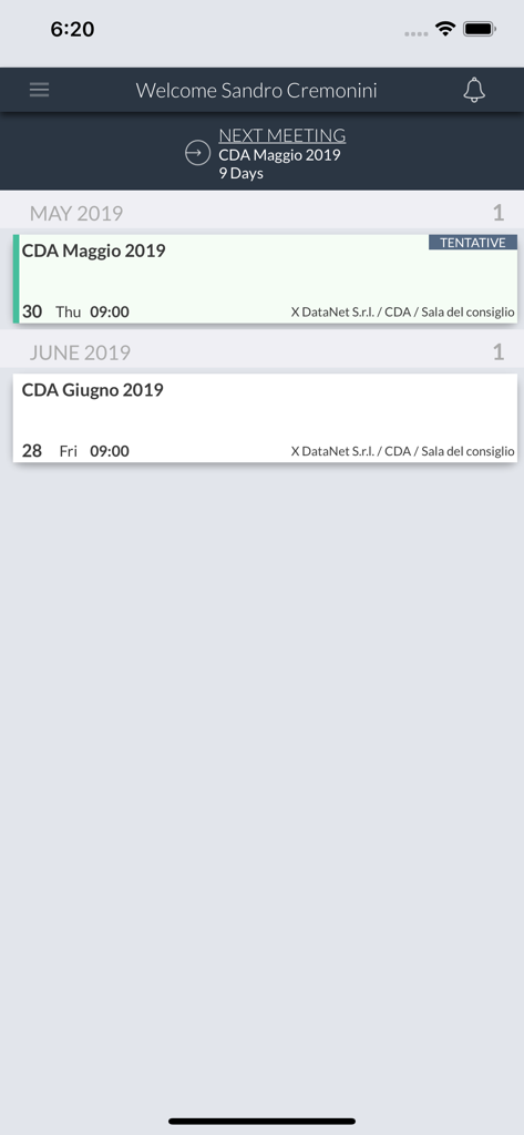 CDA ON BOARD 3 app interface displaying a schedule of upcoming corporate board meetings for an executive user