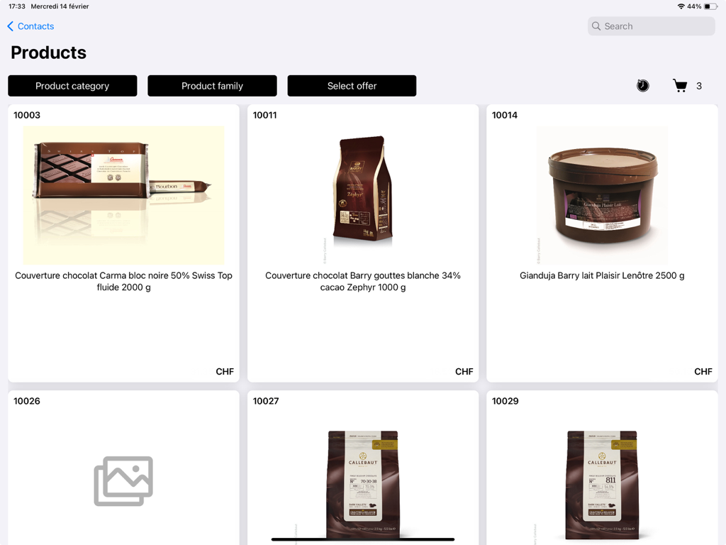 VG Catalogue - Product display screen of the VG Catalogue iPad app showing chocolate categories and wholesale items.