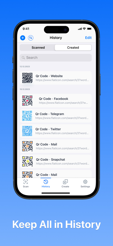 Pantalla de iPhone mostrando una lista de códigos QR escaneados y creados en la sección de historial de la aplicación Lector de Códigos QR.