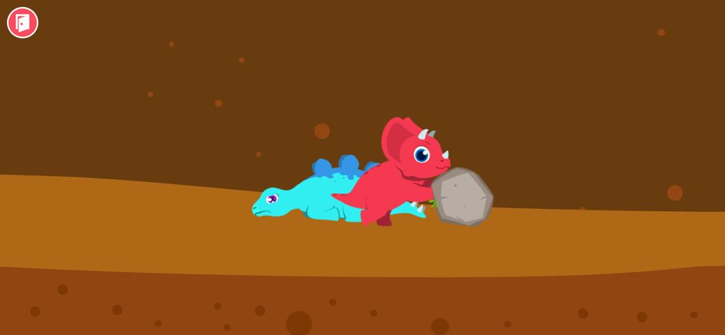 Un personnage Tricératops rouge poussant un gros rocher pour aider un Stégosaure bleu dans un environnement de grotte souterraine.