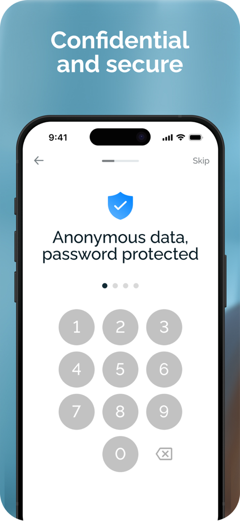 Dzeny app interface showing a PIN lock screen for confidential and secure data protection.