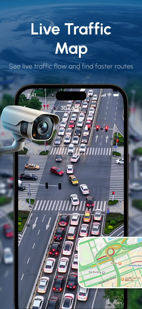 WorldScope: Live Earth Map - WorldScope app interface showing live traffic flow and real-time city navigation