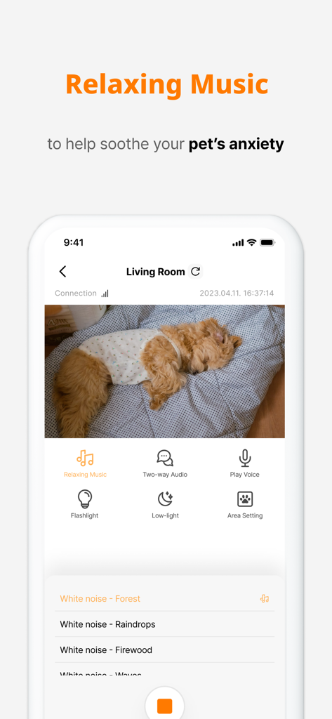 Dogibo: Pet Cam App, AI Care - Dogibo app screen showing relaxing music and white noise options to soothe pet anxiety