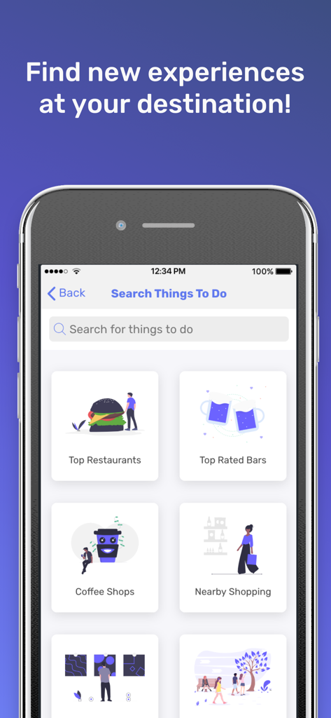 A mobile interface for the ID90 Travel app showing a search screen for destination activities including restaurants, bars, coffee shops, and shopping.