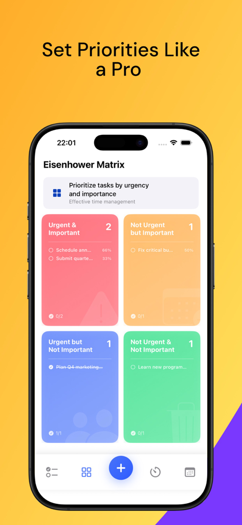 TaskSteps: To Do List & Focus - TaskSteps app interface displaying the Eisenhower Matrix for organizing tasks by urgency and importance.