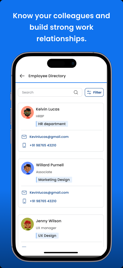 Leena AI mobile app interface showing an employee directory with profiles of colleagues including their names, job titles, and contact information.